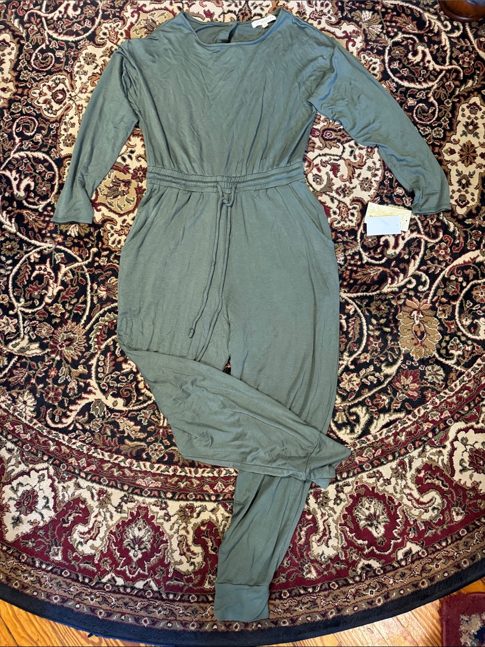 Rewind Casual Olive Green Women's Jumpsuit Drawstring Waist Large round neck